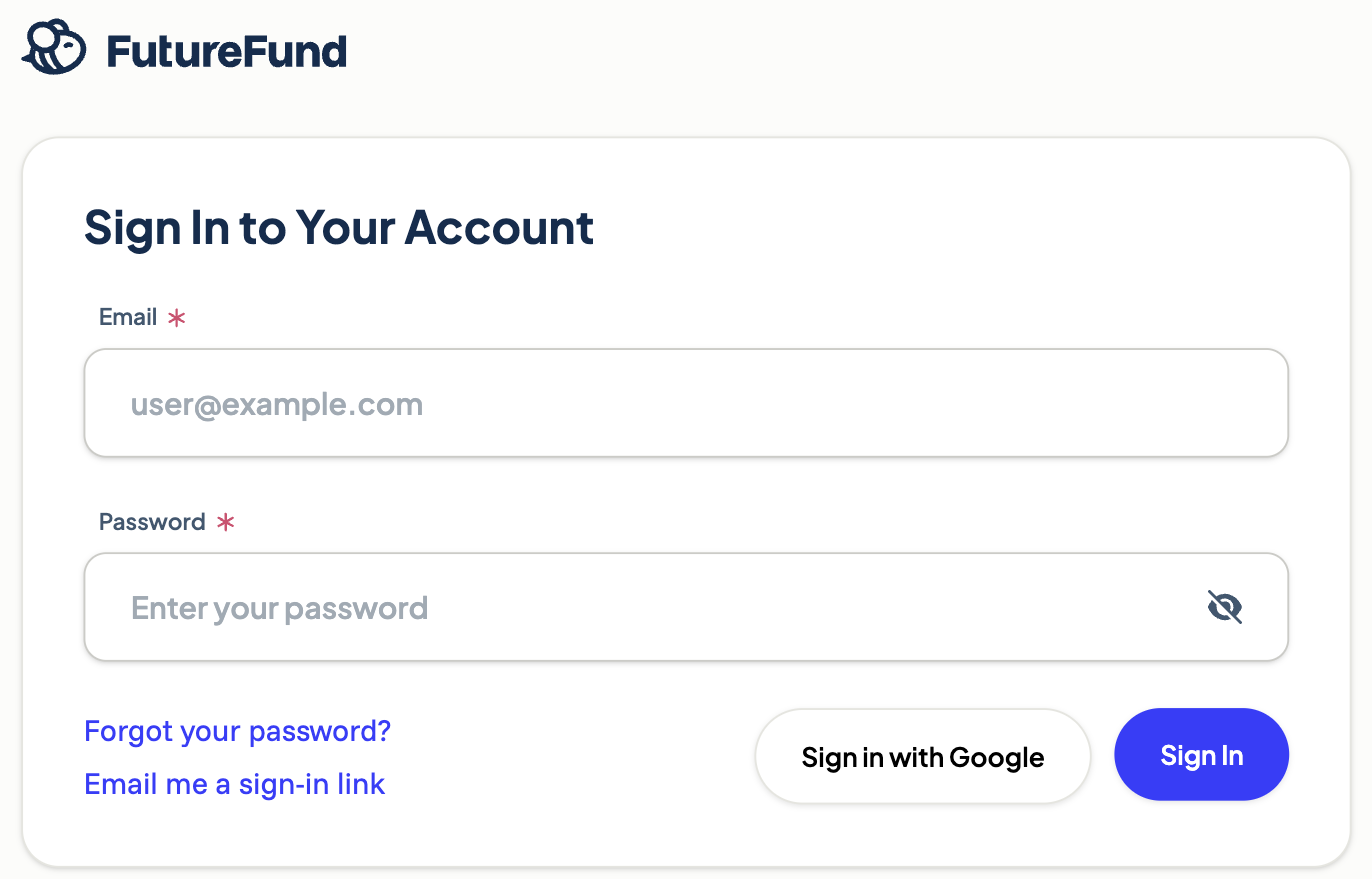 FutureFund sign-in screen with the Forgot your password? and Email me a sign-in link options