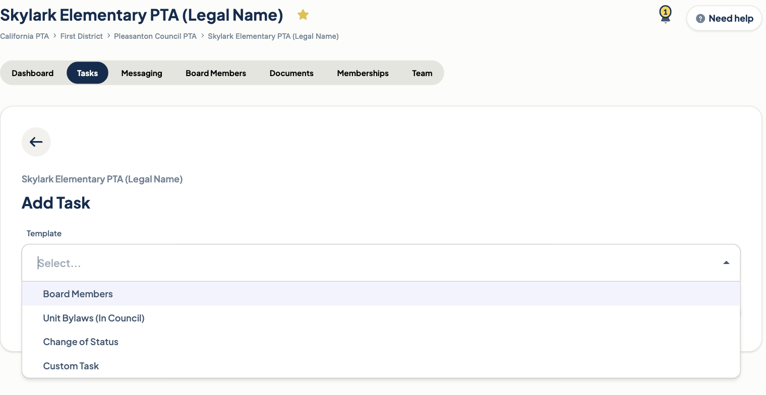 Add Task screen with the Template dropdown open, showing Unit Bylaws among the options
