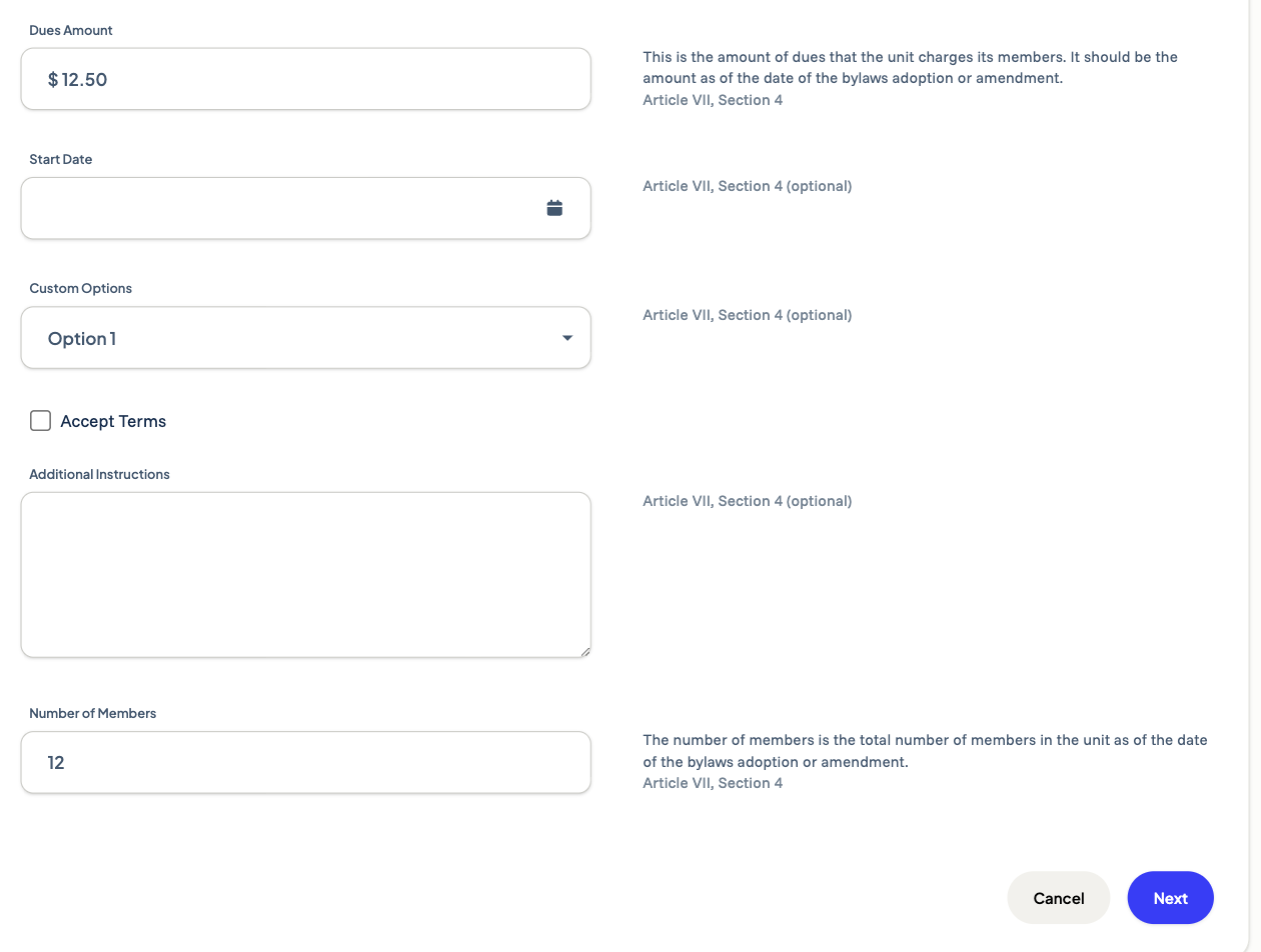 Guided bylaws questions with dues amount and membership fields, and the Next button