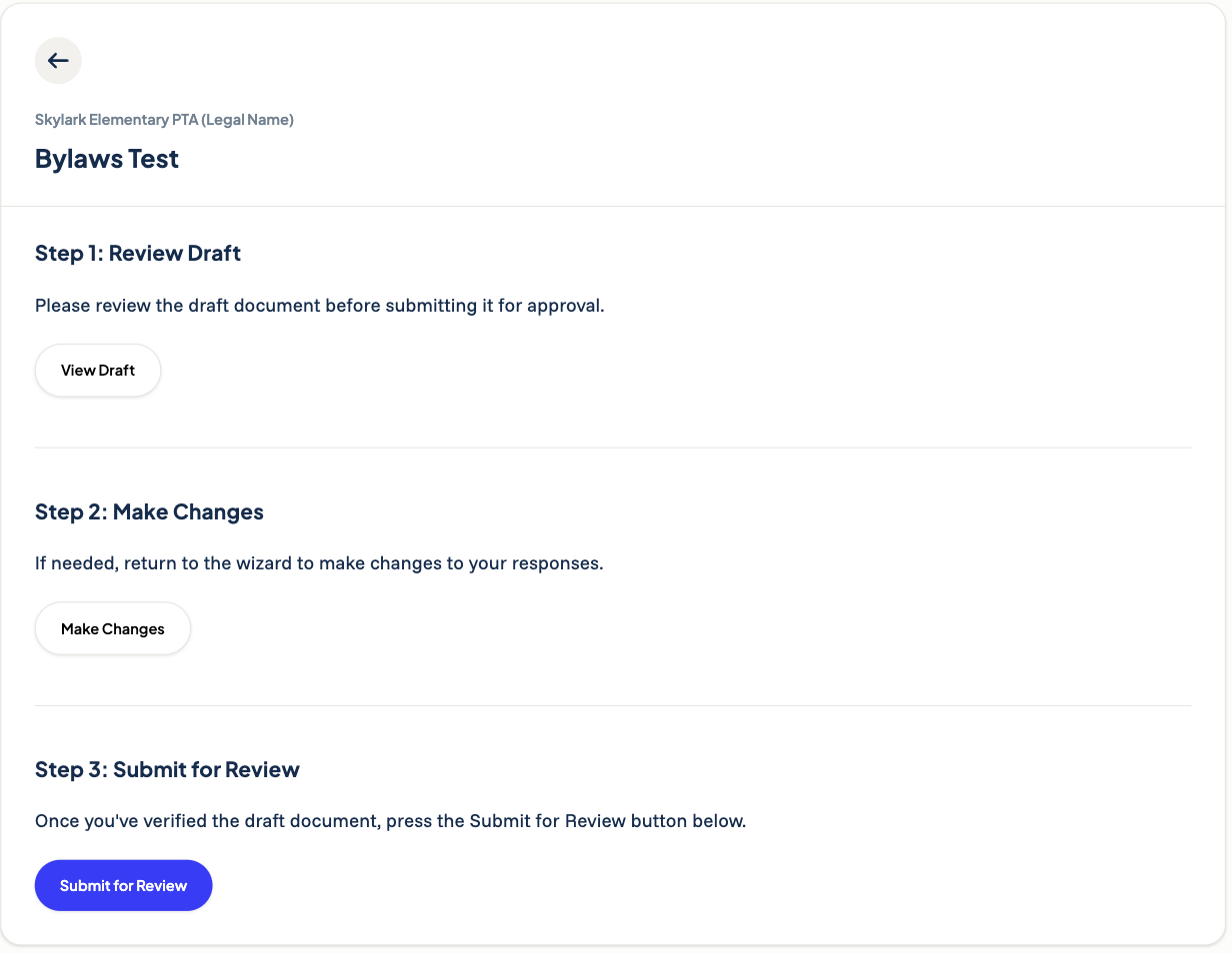 Review screen with Step 1 Review Draft, Step 2 Make Changes, and Step 3 Submit for Review