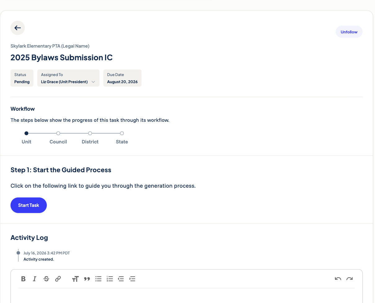 Bylaws task page showing the Unit-Council-District-State workflow and the Start Task button