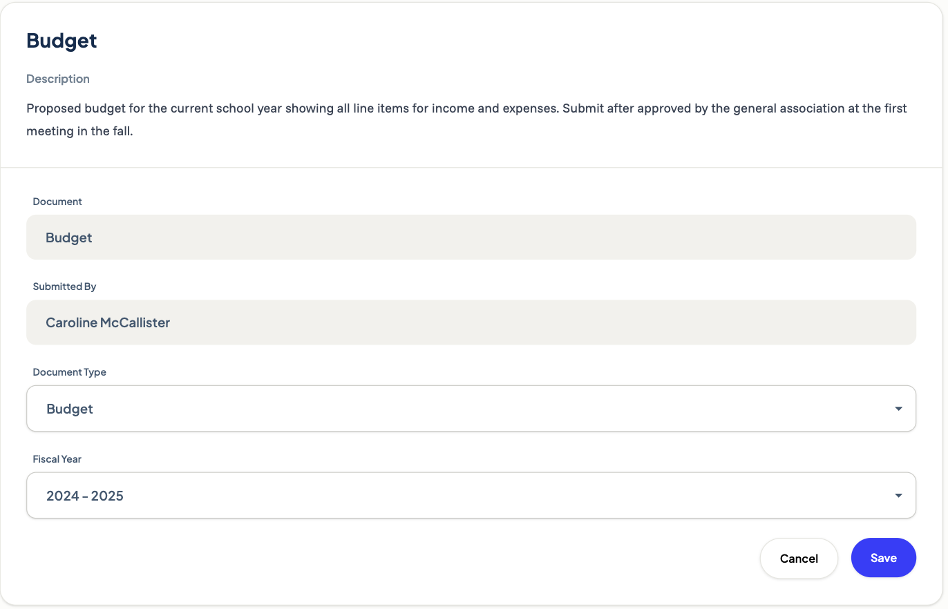 Edit document screen with Document Type and Fiscal Year dropdowns