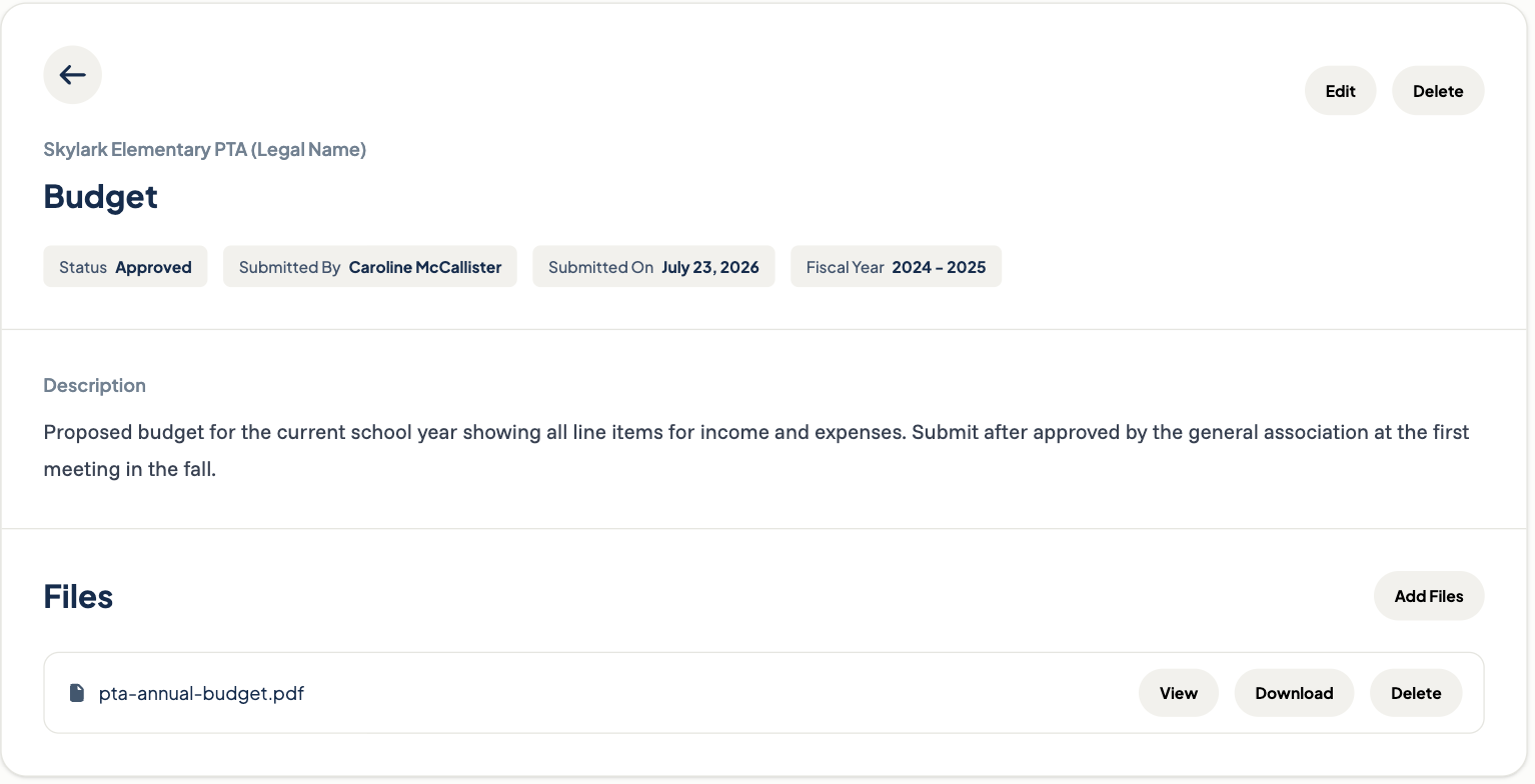 Document details page showing status chips and a file with View, Download, and Delete buttons