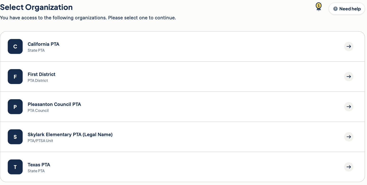Select Organization screen listing the organizations you can access